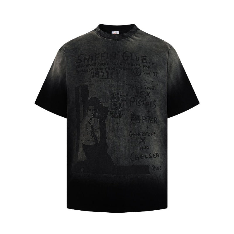 Men's t-shirt - american retro unisex style, washed and distressed print design, crew neck, men's high street slim fit short sleeve tee