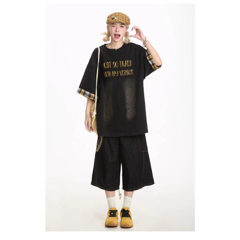 Women's jeans retro plaid stitched women's summer loose cropped pants