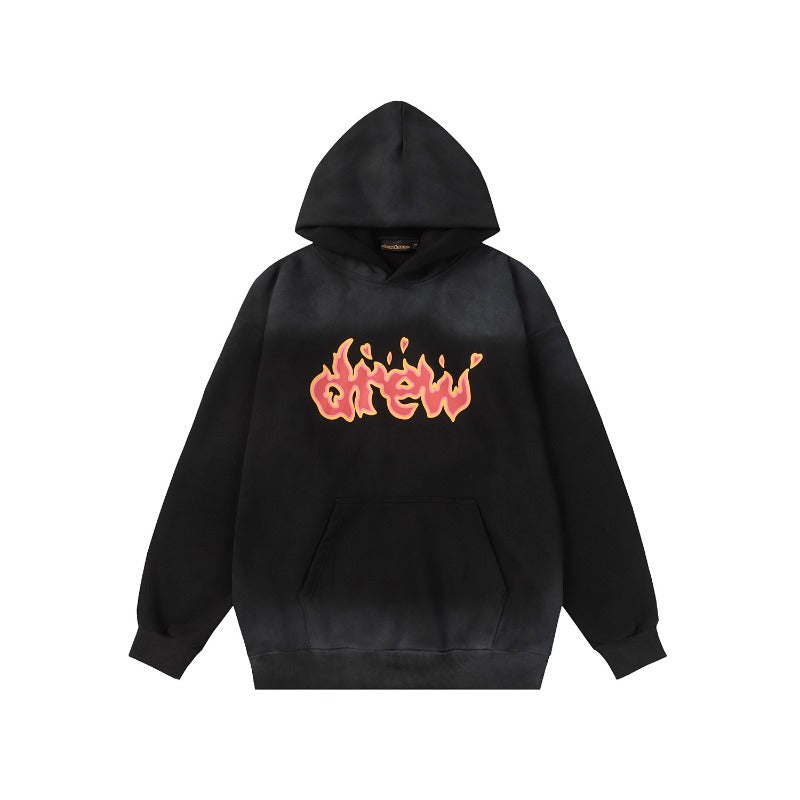 Drew house hoodie - autumn/winter d@ew flame letter washed & distressed fleece-lined hooded sweatshirt