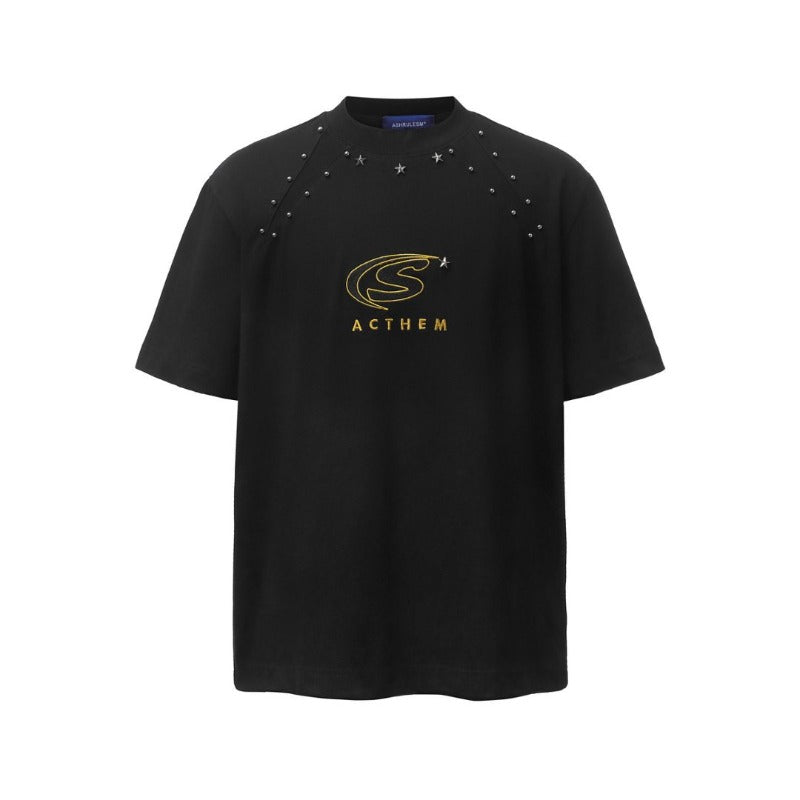 Men's t-shirt - american retro heavyweight double yarn high-quality metal rivet design crew neck loose fit short sleeve tee
