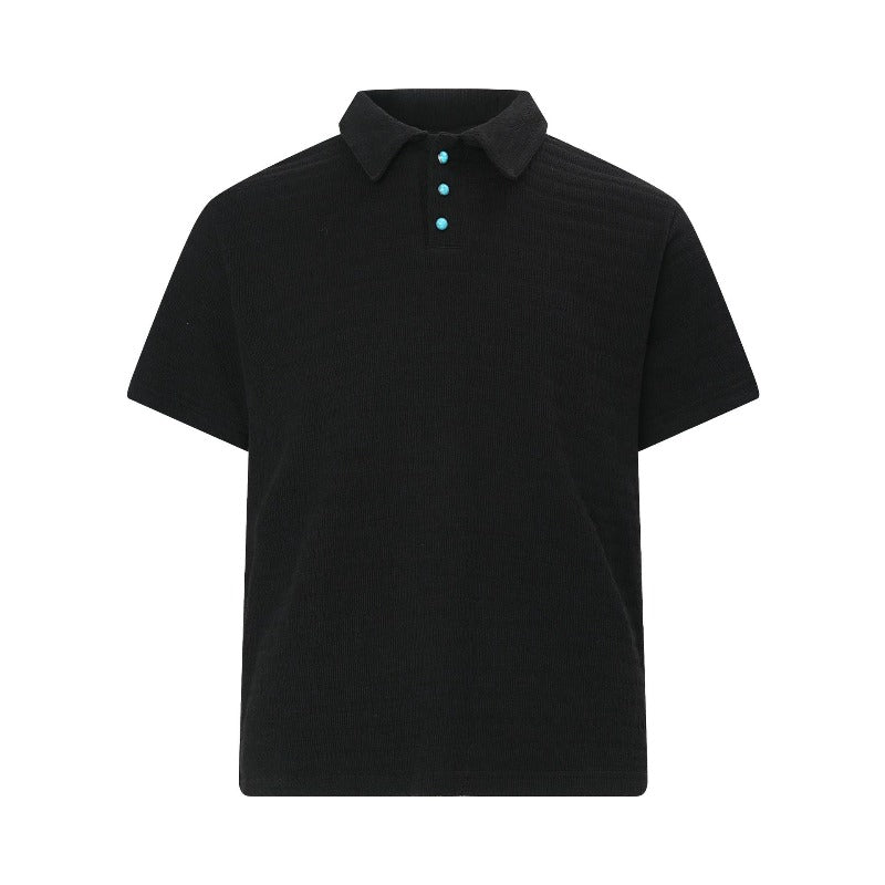 Men's t-shirt: vintage streetwear textured micro-stretch knit design, men's turn-down collar high street loose fit short sleeve tee