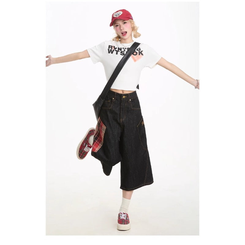Women's jeans retro plaid stitched women's summer loose cropped pants