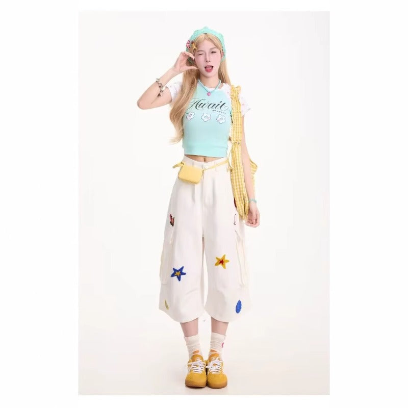 Women jeans star embroidersummerloose cropped pants