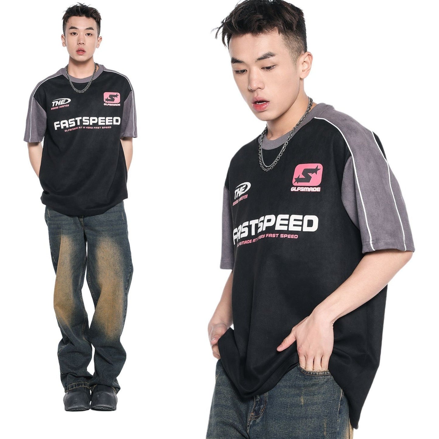 Unisex T-shirts Summer Letter Men's Loose Splicing Short Sleeve T-Shirt