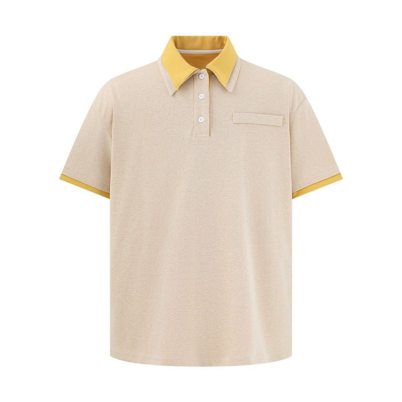Men's t-shirt: american-style unisex summer streetwear, premium minimalist color block design, relaxed fit, men's turn-down collar short sleeve tee