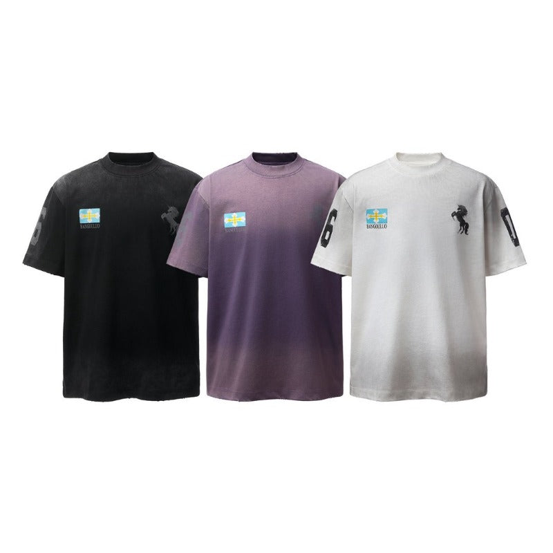 Men's t-shirt - american retro heavyweight double yarn distressed print design, men's crew neck high street loose fit short sleeve tee