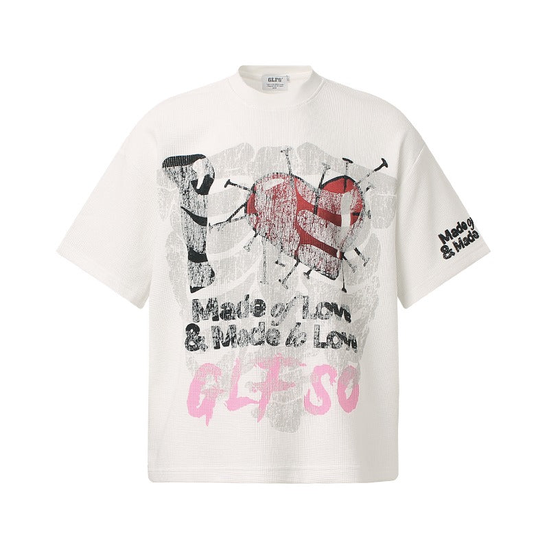 Men t shirt t american retrocouple street trendy waffle grids fun graffiti design high street men's loose small round neck t-shirt