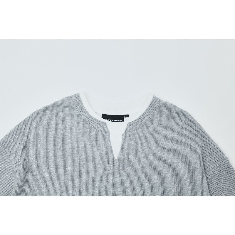 Men's t-shirt - american retro streetwear, unisex solid color waffle knit faux two-piece design, high street oversized short sleeve tee