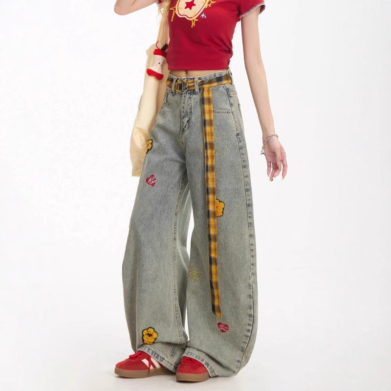 Women jeans grids pattern belt women loose