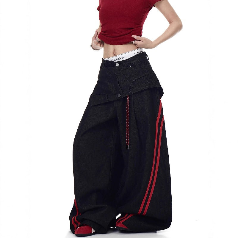 Women jeans removable fart curtain contrasting splicing loose pants