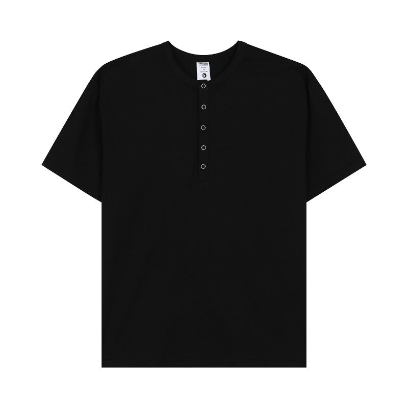 Men's t-shirt - american retro style, couple's streetwear, solid color, button-down design, versatile, men's loose fit crew neck short sleeve tee
