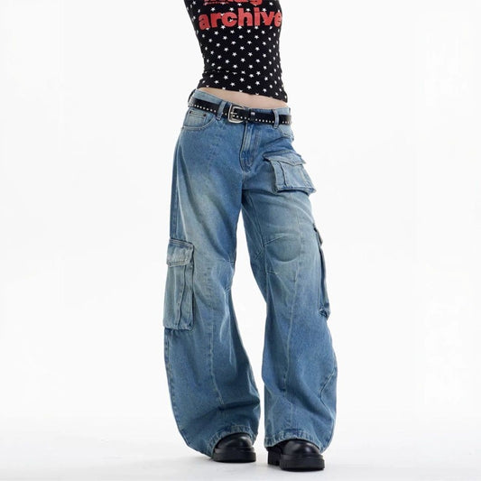 Women jeans retro multi flap pocket pantsloose