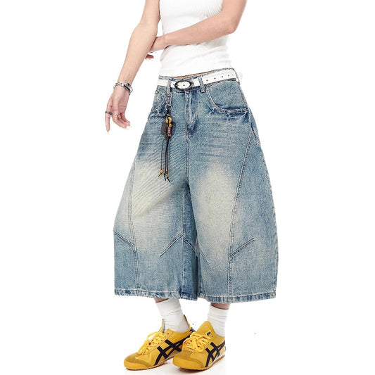Women jeans retro washed scimitar jeans summer wide leg loose shorts