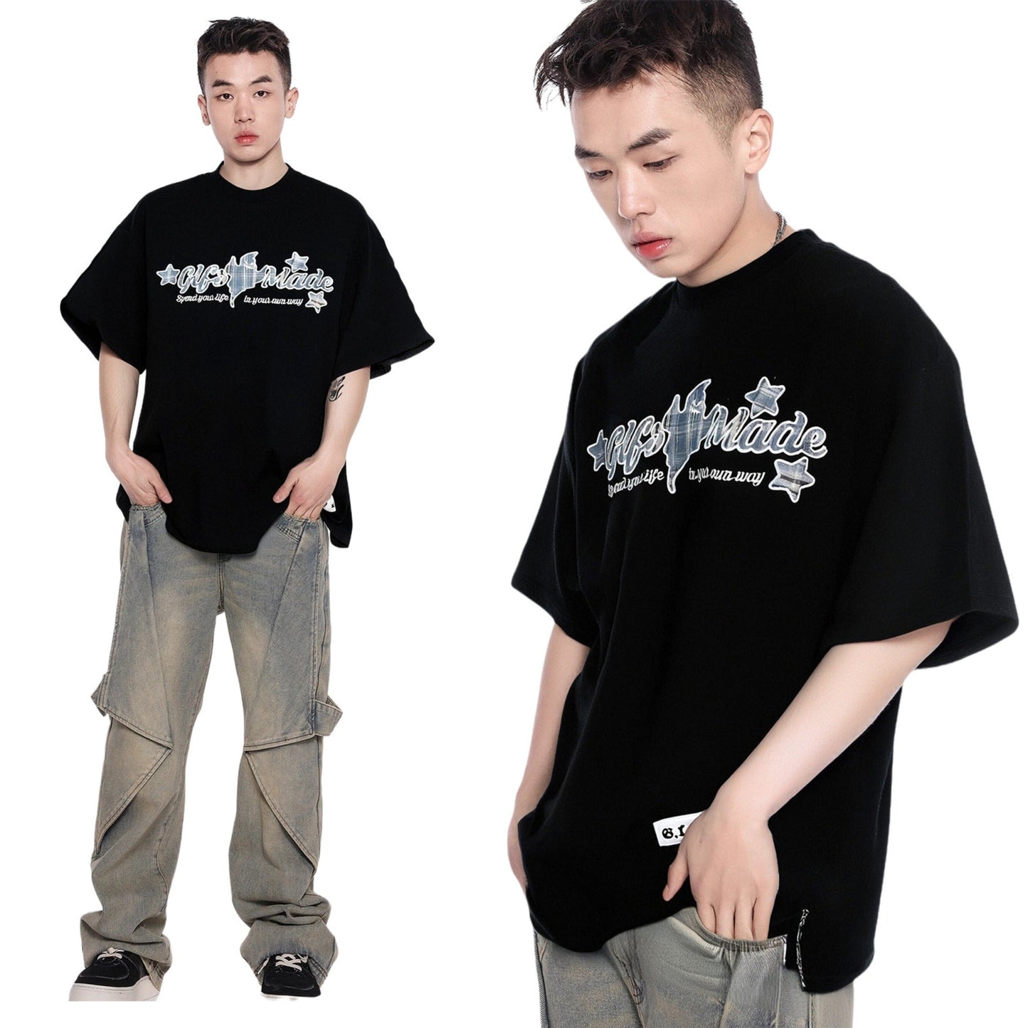 Unisex T-shirts Patch Embroidery Premium Design Loose Short Sleeve T-Shirt