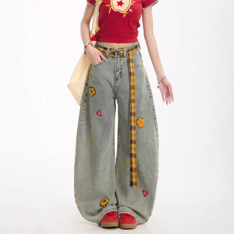 Women jeans grids pattern belt women loose