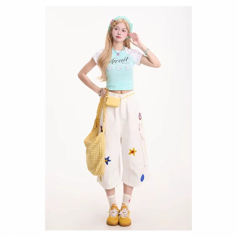 Women jeans star embroidersummerloose cropped pants