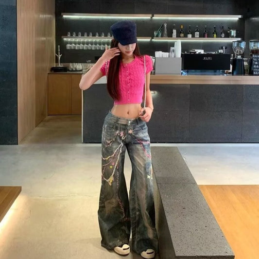 Women jeans washed distressed wide legs