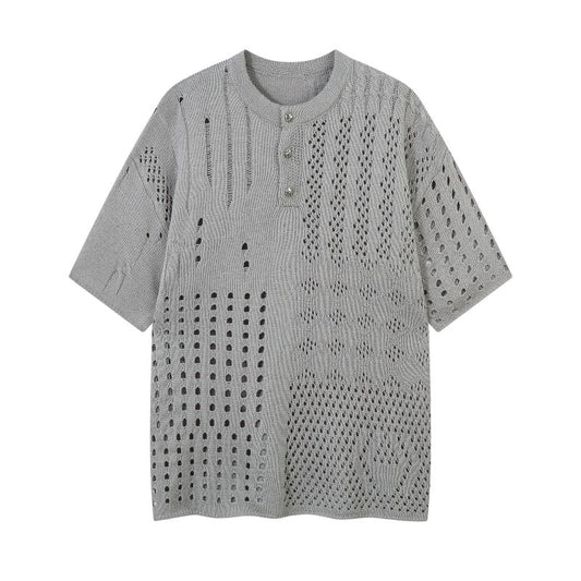 Men's t-shirt: american retro, high-end streetwear, relaxed fit, cutout design, knitted, loose fit, crew neck, short sleeve tee