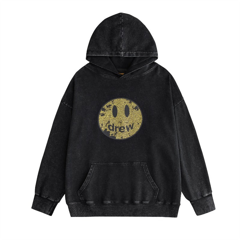 Drew house hoodie fall and winter d@ew smiley face pattern washed distressed round neck pullover sweatshirt