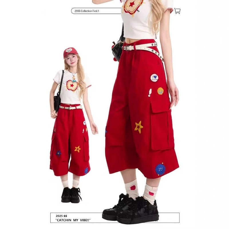 Women jeans star embroidersummerloose cropped pants