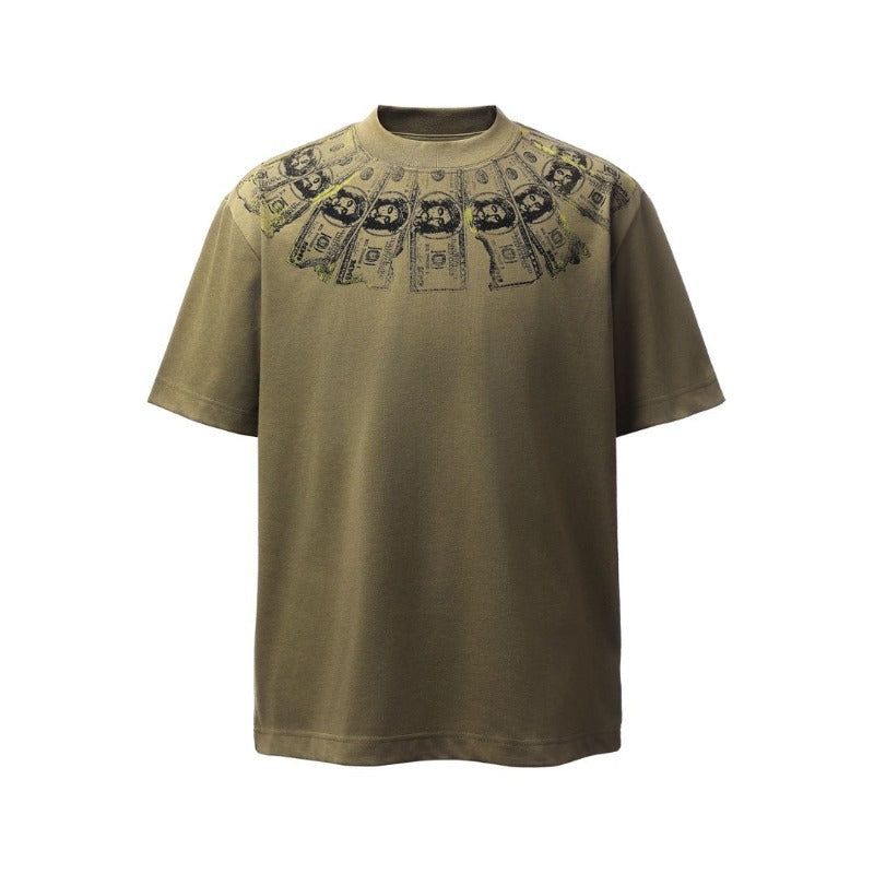 Men's t-shirt - american retro heavyweight double yarn creative banknote print design - men's high street loose fit short sleeve tee