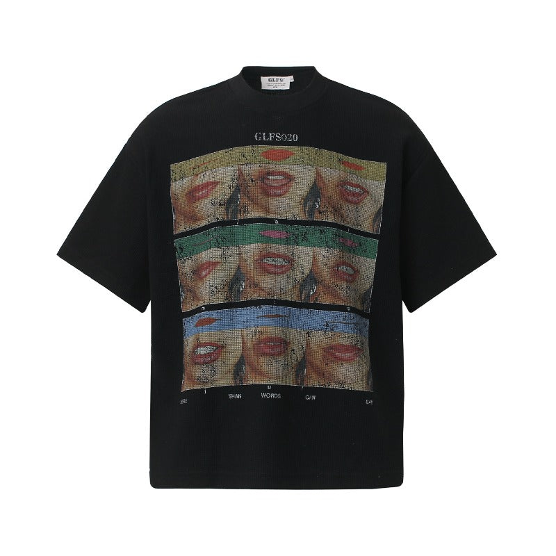 Men t shirt t american retrocouple street trendy waffle grids fun character design high street men's loose small round neck t-shirt