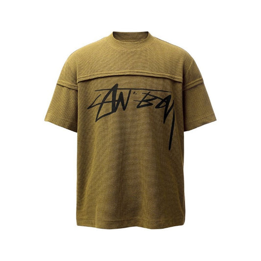 Men's t-shirt: american retro heavyweight waffle knit letter print deconstructed design, high street oversized short sleeve tee