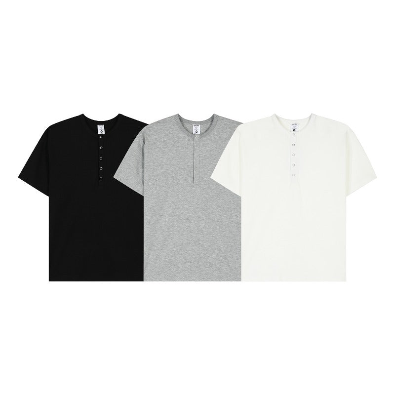 Men's t-shirt - american retro style, couple's streetwear, solid color, button-down design, versatile, men's loose fit crew neck short sleeve tee