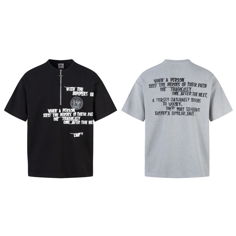 Men's t-shirt: american street style summer waffle knit premium letter print design, men's loose fit zip-up short sleeve tee