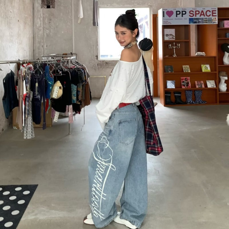 Women jeans retro letter print women loose