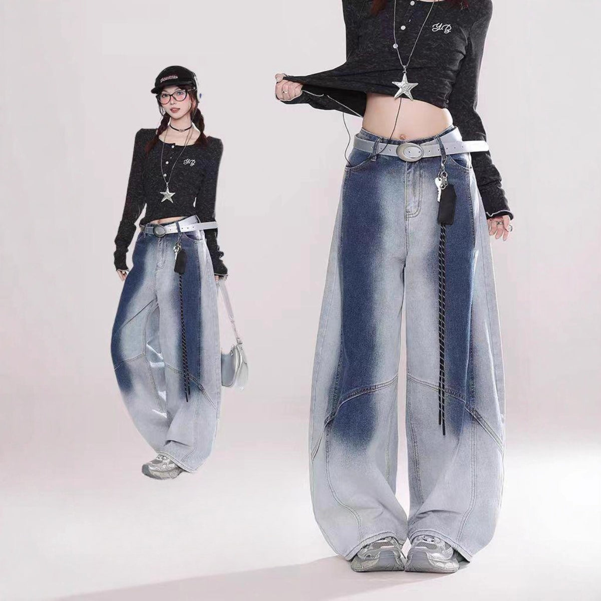 Women jeans retro gradual change washed scimitar jeans slacks
