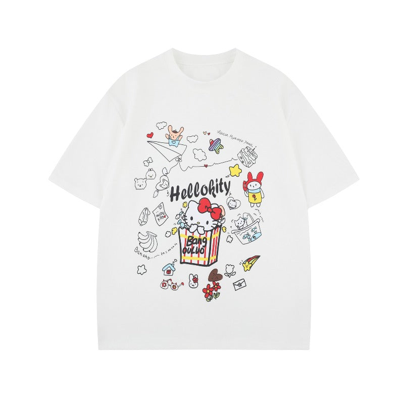 Men's t-shirt - american street style, summer unisex, premium feel, cartoon hello kitty design, men's loose fit short sleeve tee