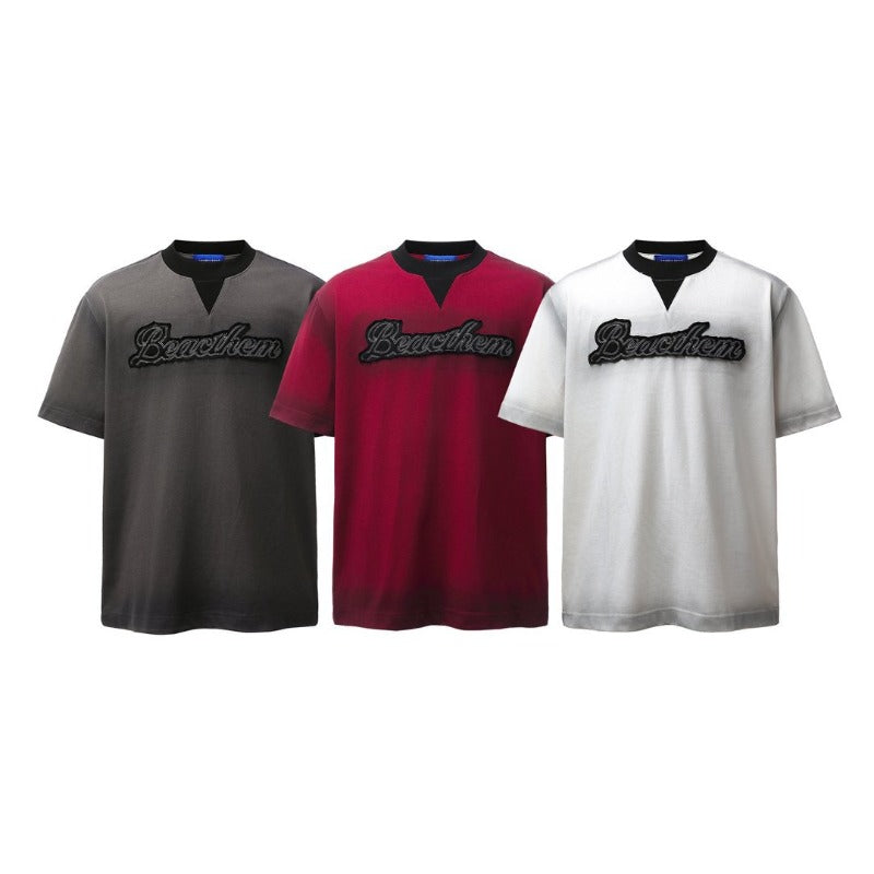 Men's t-shirt: american retro heavyweight double yarn, high-street quality, spray-painted appliqué embroidery design, men's relaxed fit short sleeve tee