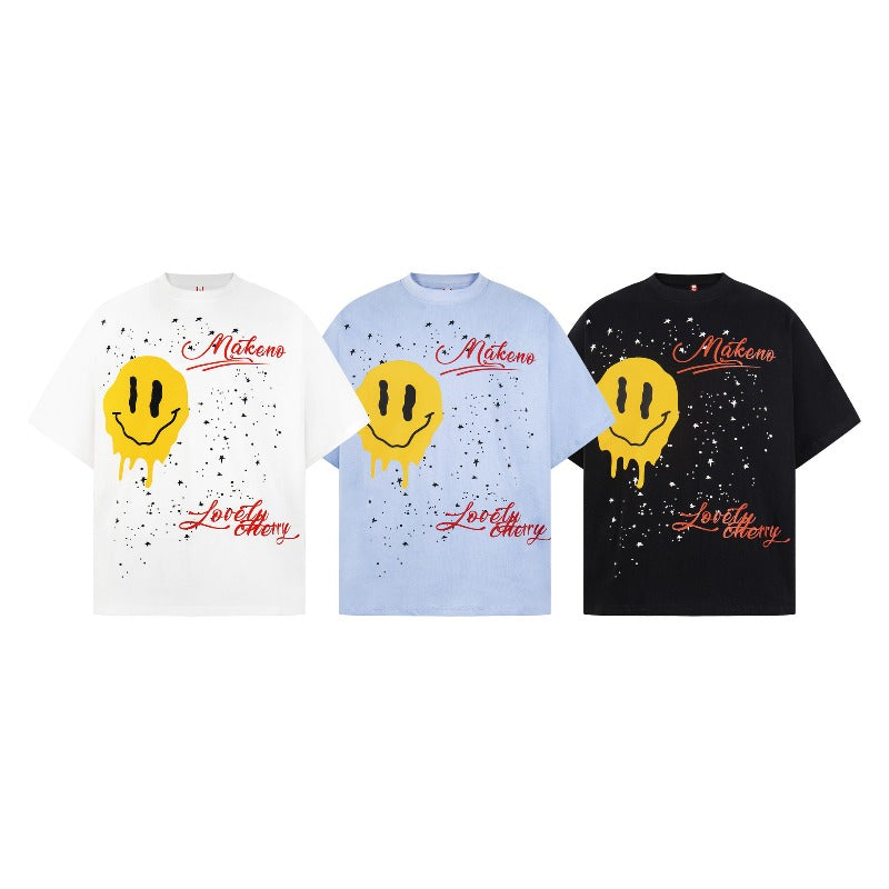 Men's t-shirt - american retro unisex smiley face print short sleeve design - men's high street loose fit tee