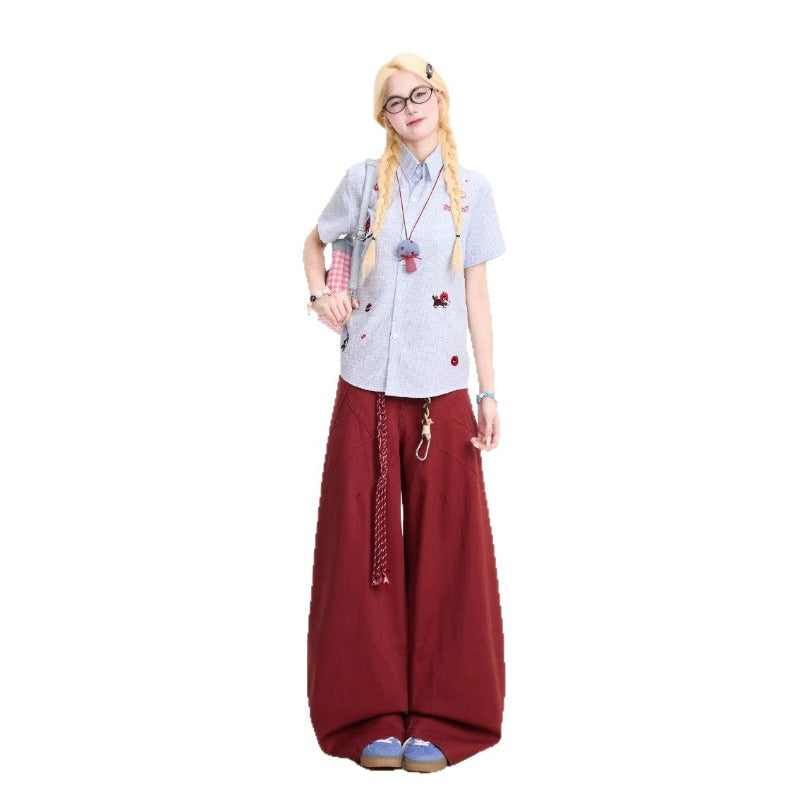 Women jeans [with braided rope] red loose