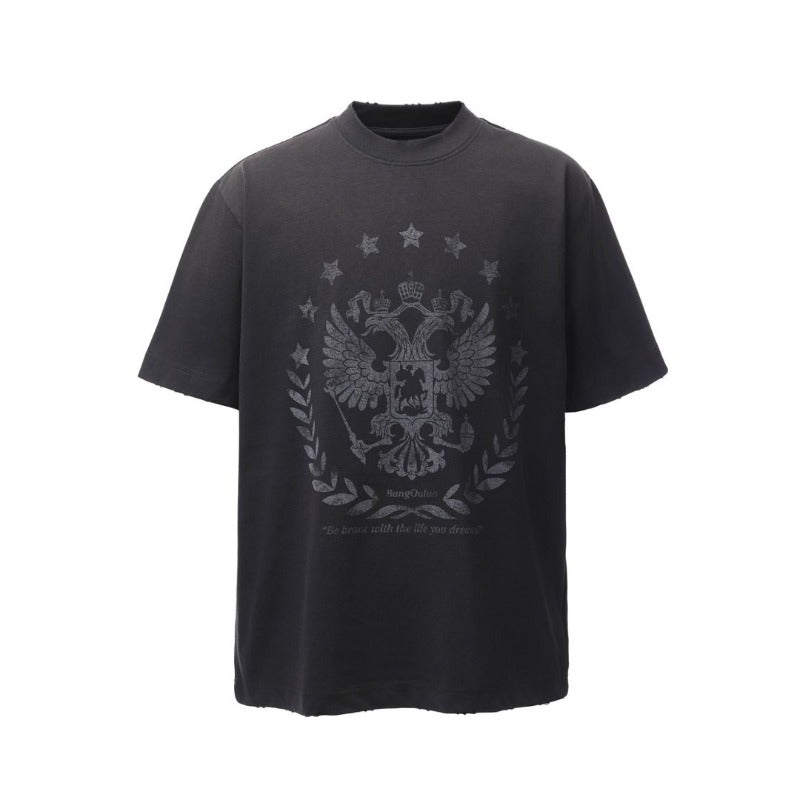 Men's t-shirt - american retro heavyweight double yarn distressed print design, men's high street oversized short sleeve tee