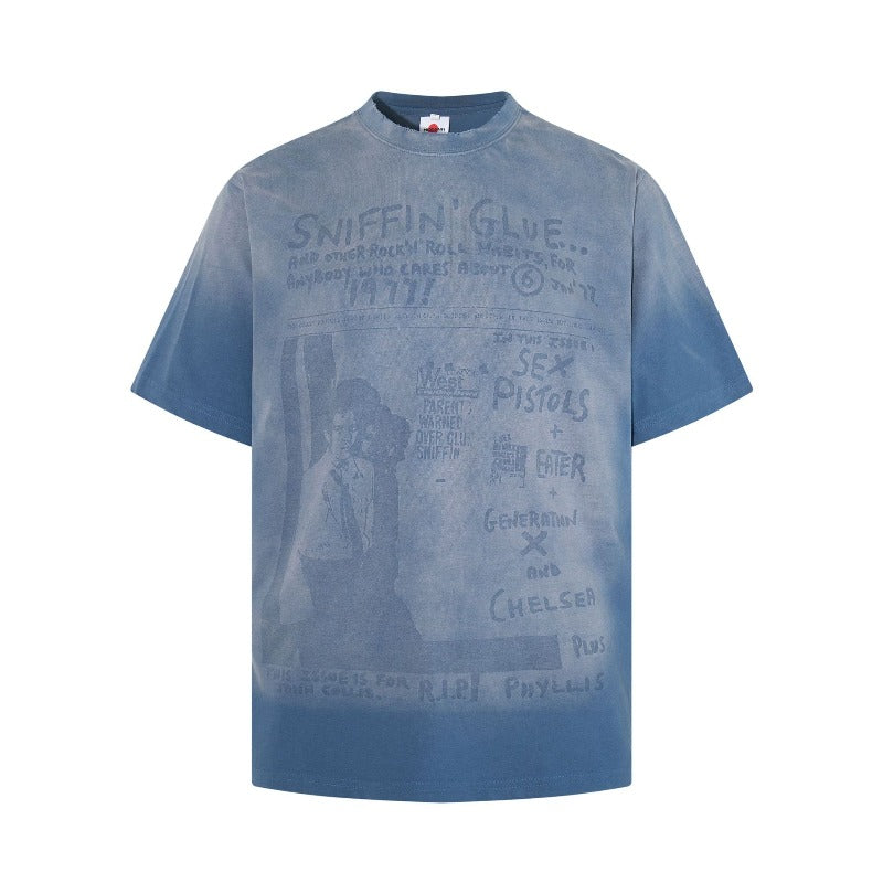 Men's t-shirt - american retro unisex style, washed and distressed print design, crew neck, men's high street slim fit short sleeve tee
