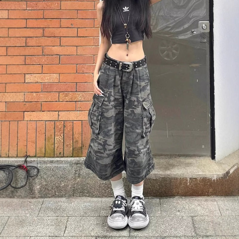 Women's jeans retro camouflage women's summer high-waisted loose cropped pants