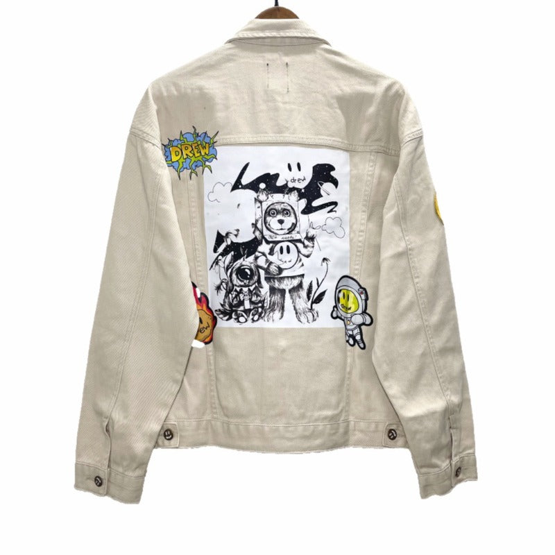Drew house jacket - spring/autumn d@ew smiley face multi-element alien badge patchwork illustration denim jacket