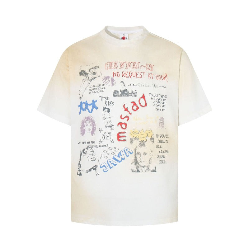 Men's t-shirt - american retro unisex washed spray-dye print design crew neck high street slim fit short sleeve tee