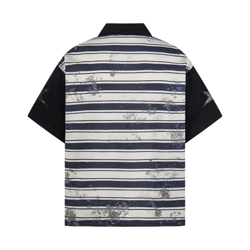 Men's t-shirt: american retro double yarn unisex striped color block turn-down collar design, high street loose fit short sleeve tee