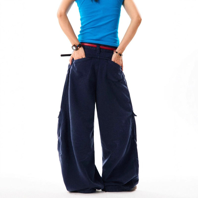 Women jeans retro multi flap pocket pants