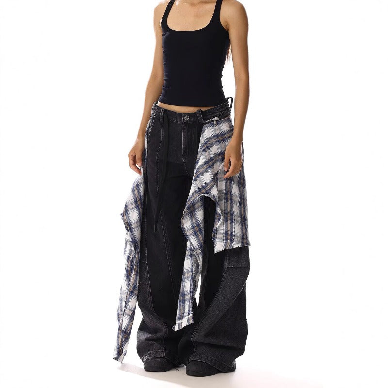 Women's jeans women's loose fake two-piece stitching wide-leg pants