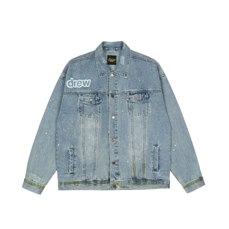 Drew house jacket early autumn d@ew flip smiley face splash ink printing denim outwear