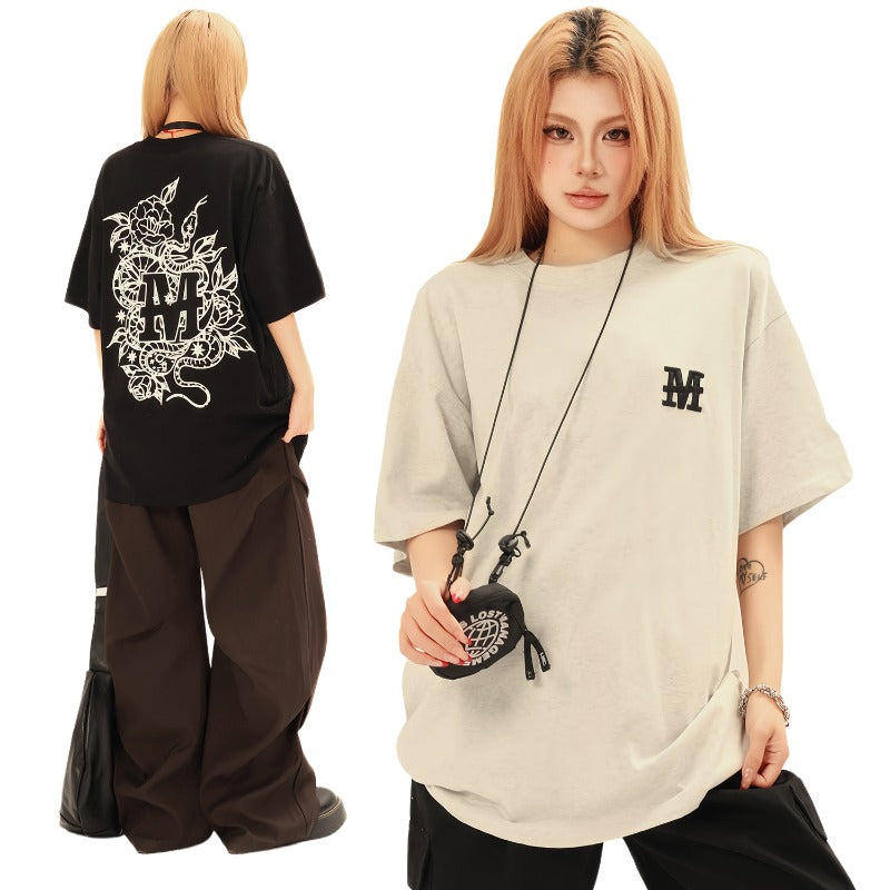 Men's t-shirt: american street style, unisex, vintage creative letter design, men's loose fit, premium heavyweight short sleeve tee