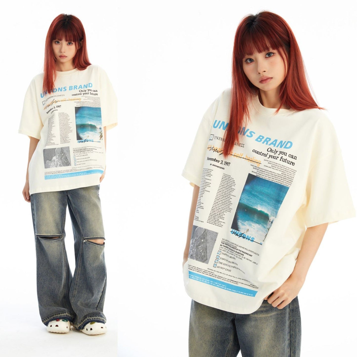 Unisex T-shirts Summer Magazine Pattern Men's Loose Short Sleeve T-Shirt