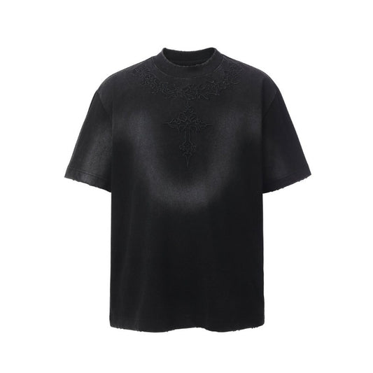 Men's t-shirt - american retro heavyweight double yarn distressed embroidered graphic design, men's high street oversized short sleeve tee