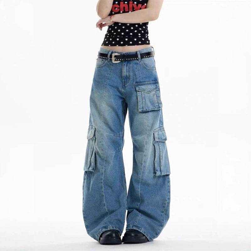 Women jeans retro multi flap pocket pantsloose