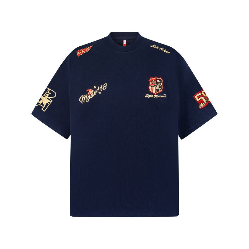 Men's t-shirt - american retro unisex short sleeve tee with embroidered badge design - high street style oversized t-shirt