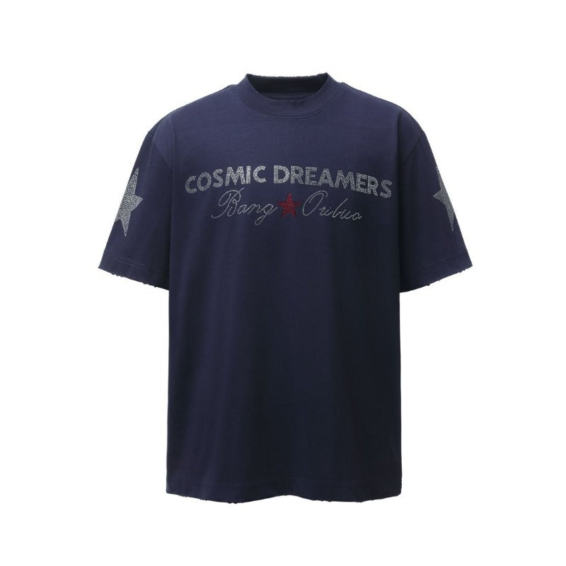 Men's t-shirt - american retro heavyweight double yarn printed hotfix design crew neck high street loose fit short sleeve tee